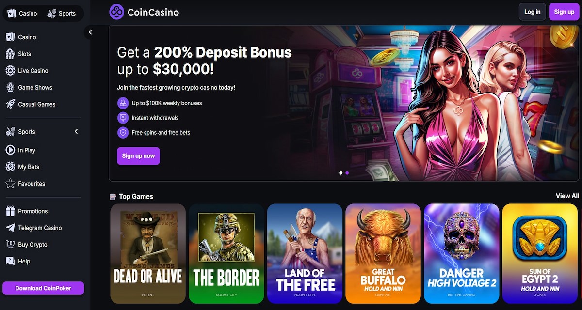 CoinCasino Webseite mit verschiedenen Online Casino Spielen. Die Seite zeigt Kategorien wie Slots, Live-Casino, Spielshows und Gelegenheits-Spiele. Vorgestellte Spiele wie Duel at Dawn, Extra Chilli und Gates of Olympus sind sichtbar, begleitet von Logos bekannter Spielanbieter wie Evolution und Pragmatic Play.